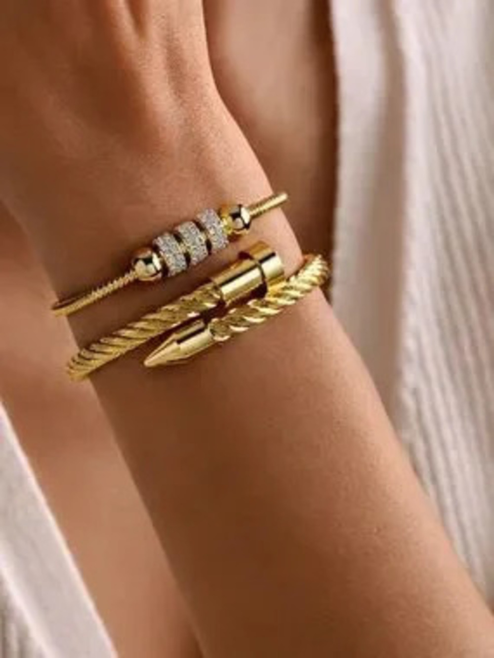 Gold Rope Cuff Bracelet Set with Pave Crystal Accent